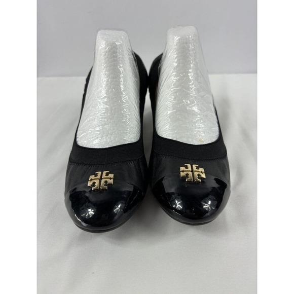 Tory Burch Jolie Ballet Wedge Heels Black Leather 8.5 Cap Toe - Picture 1 of 13